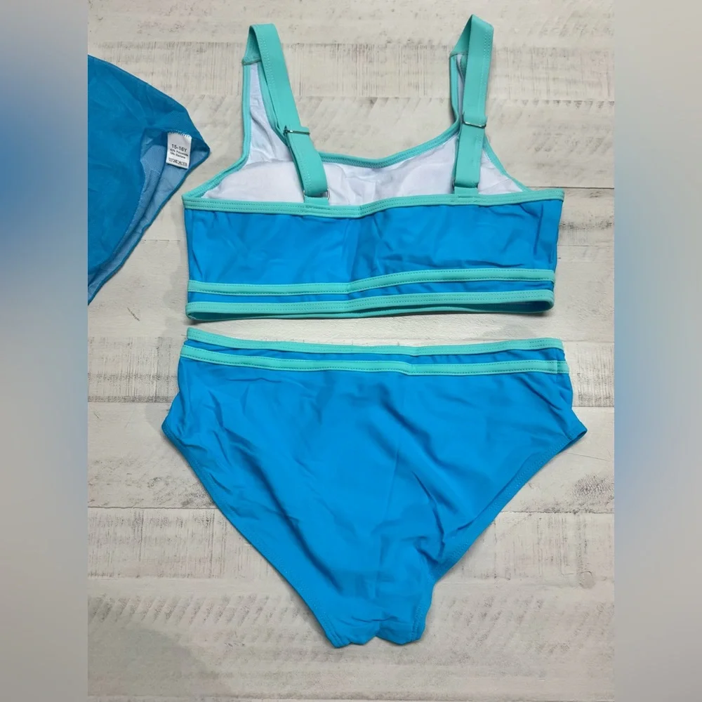 Teen Girls Swimsuit High Waist Sporty Bikini Bathing Suits with Cover Up Skirt